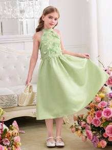 SHEIN Váy midi đính hoa cổ bẻ không tay thanh lịch cho bé gái tuổi teen - Màu xanh Bạc hà - Xem 10