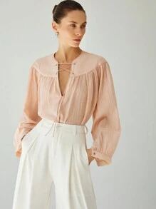 Aveloria Modichic Elegant Chiffon Textured Sheer Sexy Drawstring V-Neck Loose Long Sleeve Shirt For Women, Pink