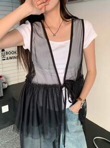 DAZY Women Casual Mesh Overlay Tie-Up Mini Dress Sundress - Black - View 5