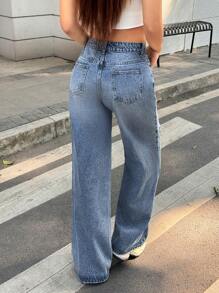 SHEIN EZwear Women Casual Distressed Straight Leg Jeans - Medium Wash - View 2