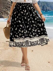 EMERY ROSE Damen Große Größen lässiger Paisley-Muster Elastischer Bund A-Linie Rock