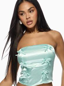 MISSGUIDED Satin Bow Detail Co-Ord Set Mini Skirt And Corset Top Evening Party Sweet Y2K Fashion Outfit Valentines Day Date Night Prom - Green - View 6