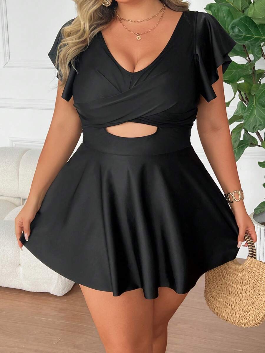 SHEIN CURVE+ Plus Size Women Conservative Swim Dress & Bottom Two Pieces Swimwear Set For Summer Beach Vacation - Multicolor - View 1