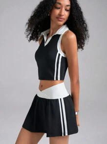 Easelle 女式运动休闲黑白撞色拼接 POLO 领无袖短款上衣和交叉腰下摆 A 字裙套装 - 黑與白 - 查看 4