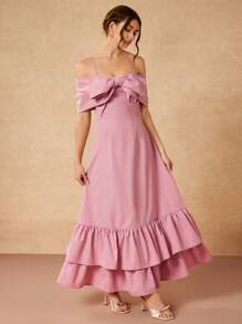 Gabriela Silveira Vestido maxi elegante y sofisticado de color rosa pastel con gran lazo 3D y volantes en el bajo, apto para fiestas, conciertos, eventos formales, bodas, fiestas de cumpleaños y verano