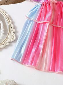 Baby Girl Summer Colorful Ruched Camisole Set With Ruffle-Trim A-Line Hem, Loose Wide Leg Pants, Casual Outfit For Daily Outing - Multicolor - View 6
