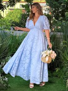 Flirla Plus Size Elegant Deep V-Neck Jacquard Puff Sleeve Knit Dress - Blue - View 5