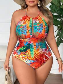 SHEIN CURVE+ Plus Size Women's Tropical Floral Print One-Piece Swimsuit, Fashion One-Piece Bathing Suit For Summer - Multicolor - View 3