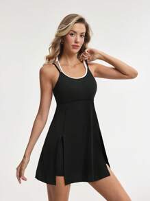 Lifespree Contrast Color Cross Strap Tennis Skirt With Shorts - Black - View 4
