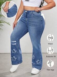 SHEIN CURVE+ Pantalones acampanados de mezclilla con estampado de estrella para mujer talla grande, de mezclilla elástica que estilizan la figura, para conjunto de primavera y verano, atuendo casual