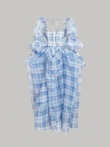 SHEIN MOD Women's Plaid Square Neck Lotus Leaf Sleeve Elegant Dress,Bow,Valentines Clothes,Summer Vacation,Spring/Summer,Brunch,Valentine Day,Beach Outfits For Woman,Valentine Day Outfit Women,Cruise Outfits Women Sexy,Easter,Western Wear Women,Gothic Women Clothes,2000s Style,Carnival,Wedding Guest Dress Women - Blue and White - View 9