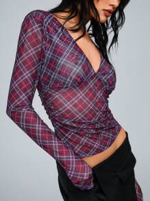 TRNVIE Plaid V-Neck Thumb Hole Tight Fit Top Fall Cloth For Women