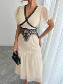 DAZY Women's Lace Patchwork Ruffle Trim Fitted Party Dress With Cap Sleeves Prom Dress,Formal Women Dresses