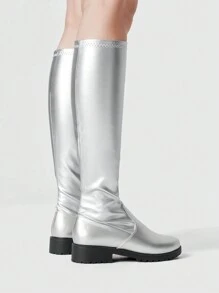 ROMWE Goth Punk Party Patent Leather Pointed Toe Flat Over-The-Knee Boots, Silver Spring Shoes - Silver - View 3