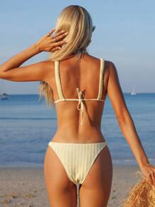 Swim Mod Springbreak Plain Textured Removable Paded Ruched Two Pieces Swimwear For Summer Beach Vacation - Mustard Yellow - View 2