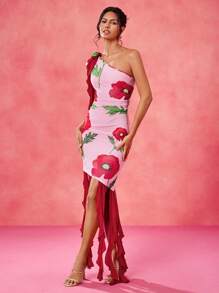 BELANGE HANDMADE Designer Pink And Red Floral Print Asymmetrical Neck Ruffles 3D Flowers Asymmetrical Hem Ruched Mini Dress, Festival, Concert Outfit, Rave, Pastel, Prom Dress