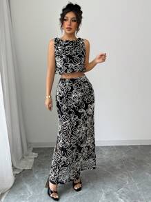 Elenzga Women 3D Floral Sleeveless Top & A-Line Skirt Bohemian 2 Pieces Set