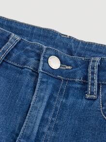 SHEIN 休闲少女纽扣前口袋喇叭牛仔裤 - 深色水洗藍 - 查看 5