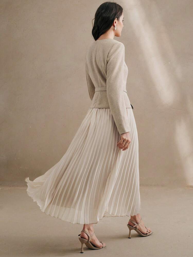 Women Long Sleeve Belted Waist Pleated Maxi Dress, Valentine's Day & New Year's Outfit