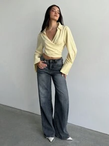 Aloruh 女士新款纯色浅黄色浪漫优雅性感宽松V领露背系带短款T恤，情人节长袖上衣，女士夏季外出上衣，优雅夏季女士上衣，毕业季，教师节，返校季 - 黃色 - 查看 3