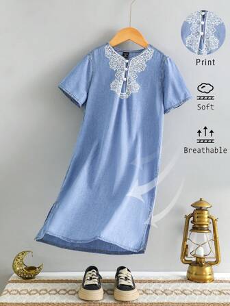 SHEIN Jonge jongens casual zacht wit patroon blauw denim lang shirt, voor kinderen lente/zomer kleding