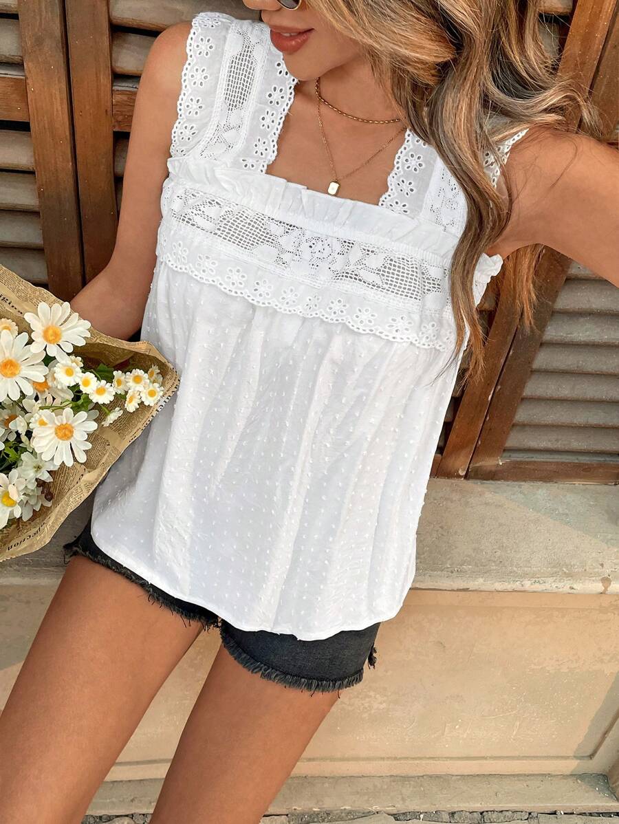 Chiquease Women's Frill Trim Square Neck Solid Color Patchwork Casual Camisole - White - View 1