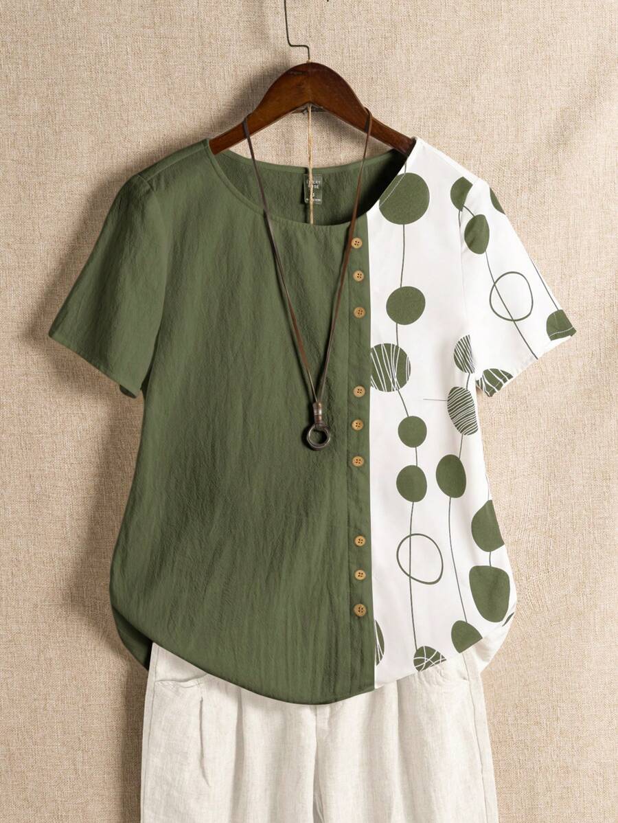 Rusticease 女士纯色拼布圆领短袖休闲衬衫，适合夏季 - 軍綠色 - 查看 1