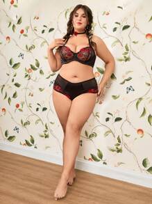 Ensemble 2 pièces grande taille patchwork rose : Culottes taille haute et soutien-gorge de lingerie avec armatures et broderie, satin