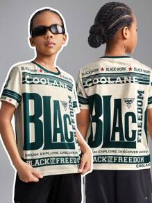 SHEIN Tween Girls Spring/Summer Letter Print Drop Shoulder Short Sleeve T-Shirt - Army Green - View 5