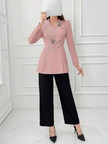 Modelyn Women Elegant Asymmetric Collar Rhinestone Decor Blazer Jacket