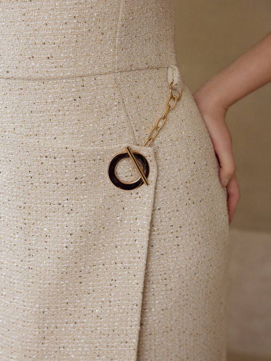 MOTF PREMIUM TWEED WRAP SLEEVELESS DRESS - Apricot - View 2