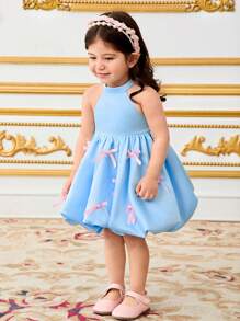 SHEIN Leap Crew Vestido de festa elegante sem mangas para meninas, com laço rosa e decoração de laço, saia de lanterna de bolhas, tecido de cetim, para aniversário, recepção, casamento - Azul - Ver 5