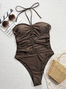 Swim Vcay Beach Summer Outfits For Women - Solid Color Front Gathered Hollow Out Halter Sexy One-Piece Swimsuit - Coffee Brown - View 5