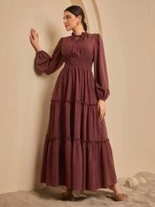 Graceveil Women's Extra Long Ruffled Tiered A-Line Waist Cinching Dress - Brown - View 3