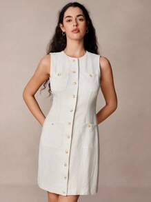 SHEIN Frenchy Elegantes und romantisches, ärmelloses, kurzes Kleid aus Leinen für Damen, kann drinnen oder draußen getragen werden. Einfarbiges, einreihiges, lässiges Minikleid mit Rundhalsausschnitt und mehreren Taschen, Herbst und Winter. - Aprikosenfarben - Übersicht 5
