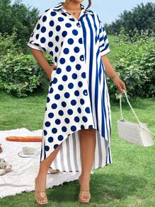 SHEIN LUNE Plus Size Women's Floral, Polka Dot & Stripe Patchwork V-Neck Short Sleeve Asymmetrical Hem Casual Dress, Spring/Summer