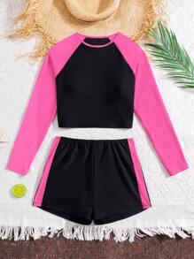 SHEIN Ensemble de maillot de bain ajusté à manches raglan en bloc de couleur rose et noir, adapté pour l'été à la plage, pour les adolescentes