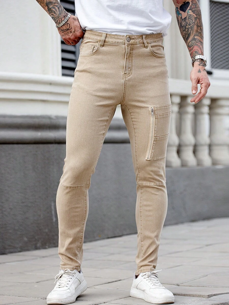 Manfinity Homme Men's Slim Fit Khaki Zip-Up Skinny Jeans - Khaki - View 1