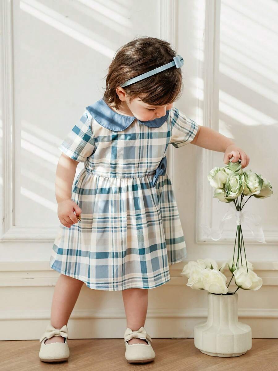 SHEIN 女婴复古格子领短袖连衣裙，带蝴蝶结装饰，休闲春秋装