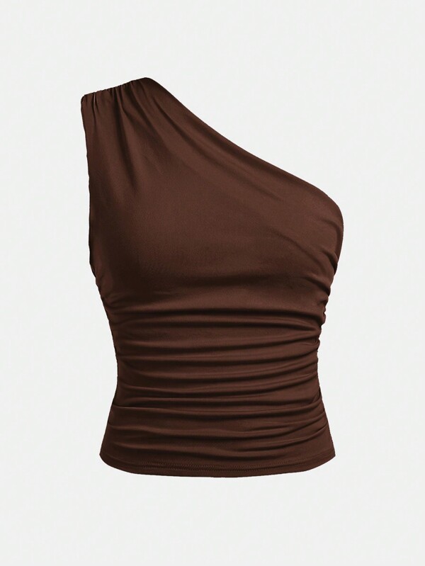 SHEIN Girlism Top Cami de Malha Simples com Babados Casual Assimétrico e Ombros