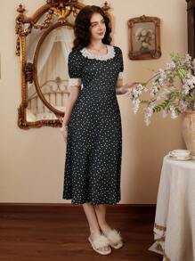 Côtesoire Lace Contrast Polka Dot Women's Round Neck Short Sleeve Elegant Nightgown Babydoll Holiday Season, Vacation
