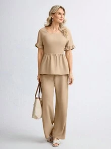 Miaspire 2pcs/Set Women Solid Color Short Sleeve Top And Long Pants Casual Outfit