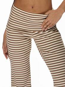 MISSGUIDED Gestreifter Koordinationsset Zweiteiler, lässige Schlaghose, High-Waist Crop Top, Sommer Strandmode, Retro Y2K Fashion - Khaki - Übersicht 6