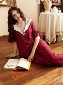 Côtesoire French Retro Peter Pan Collar Ruffled Trim Women Pajama Set Holidayseason
