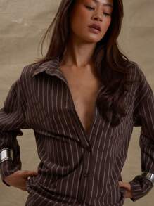 MUSERA Oversized Longline Button Down Collared Pinstripe Long Sleeve Shirt Vacation Business Casual Holiday Back To School  Elegant Spring Summer - Multicolor - View 5