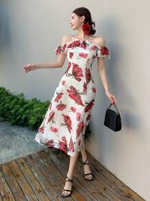 DAZY Đầm midi nữ thanh lịch in hoa, hở vai, xếp ly, thích hợp cho kỳ nghỉ. - Màu be - Xem 1