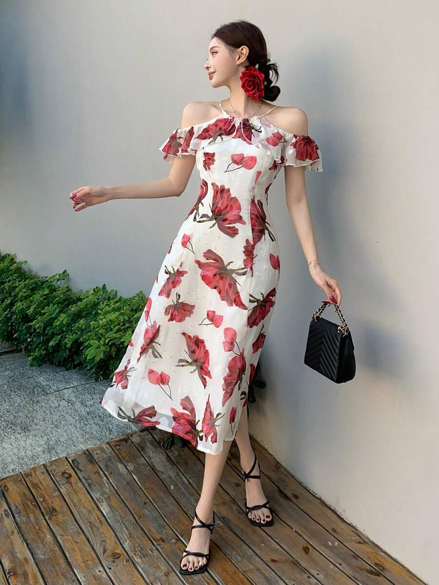 DAZY Đầm midi nữ thanh lịch in hoa, hở vai, xếp ly, thích hợp cho kỳ nghỉ. - Màu be - Xem 1