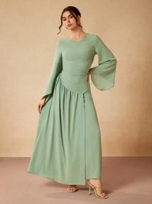 Oxana 设计师鼠尾草绿色喇叭形长袖褶皱优雅 A 字形飘逸裹身女式长裙、节日服装、音乐会服装、婚礼、舞会礼服 - 綠色 - 查看 3