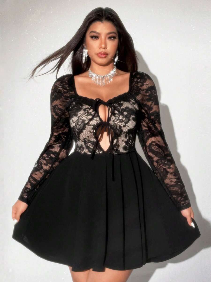 Viva Relle Plus Size Knitted Lace Sexy Tie-Up Ruffles Floral Print Dress - Black - View 1