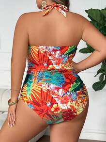 SHEIN CURVE+ Plus Size Women's Tropical Floral Print One-Piece Swimsuit, Fashion One-Piece Bathing Suit For Summer - Multicolor - View 2